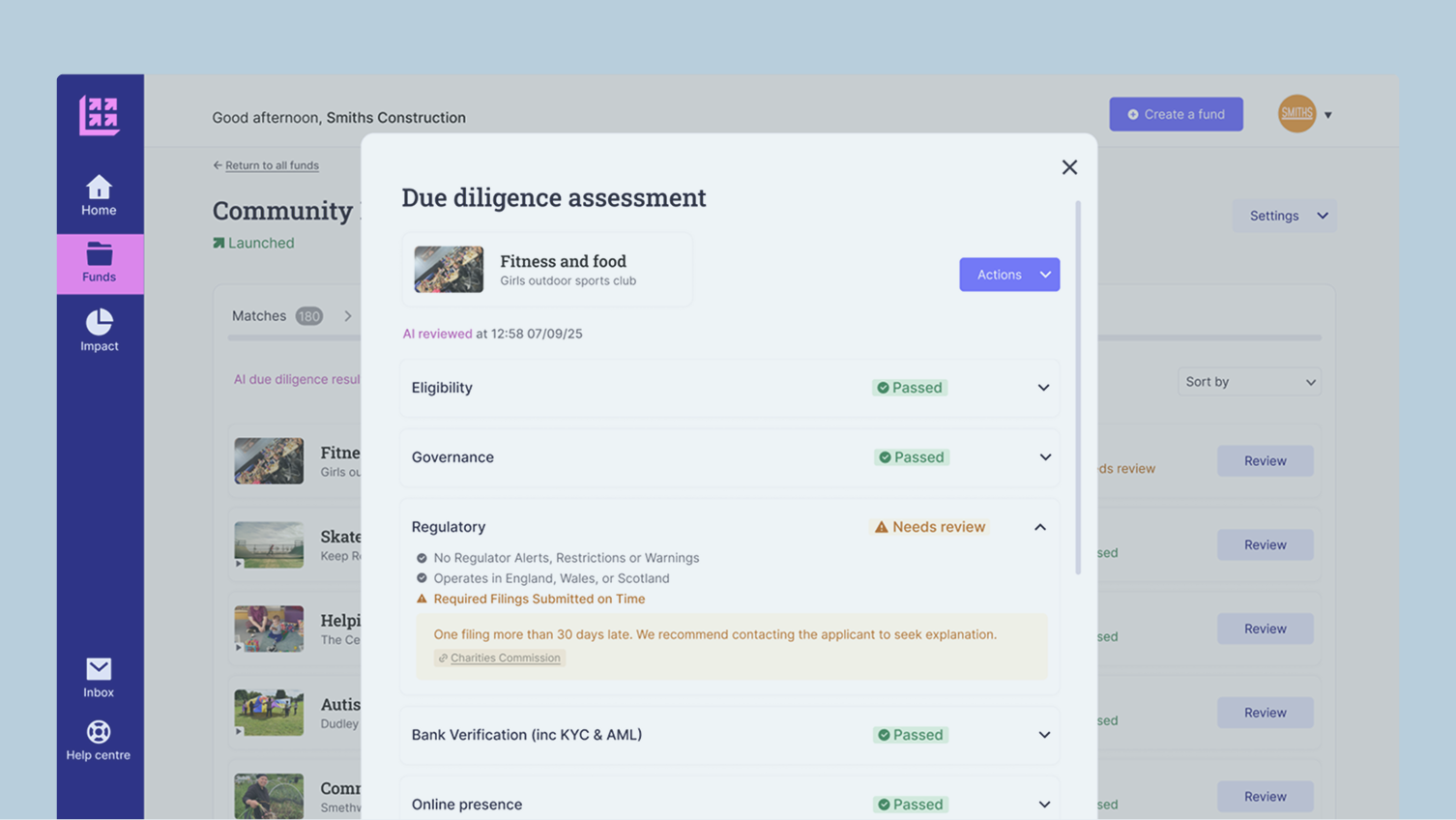 ActionFunder UI showing Due Diligence screen