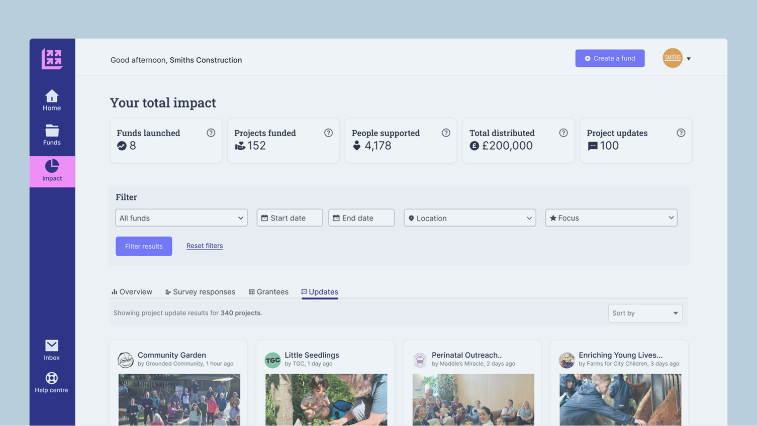 ActionFunder UI showing project updates screen
